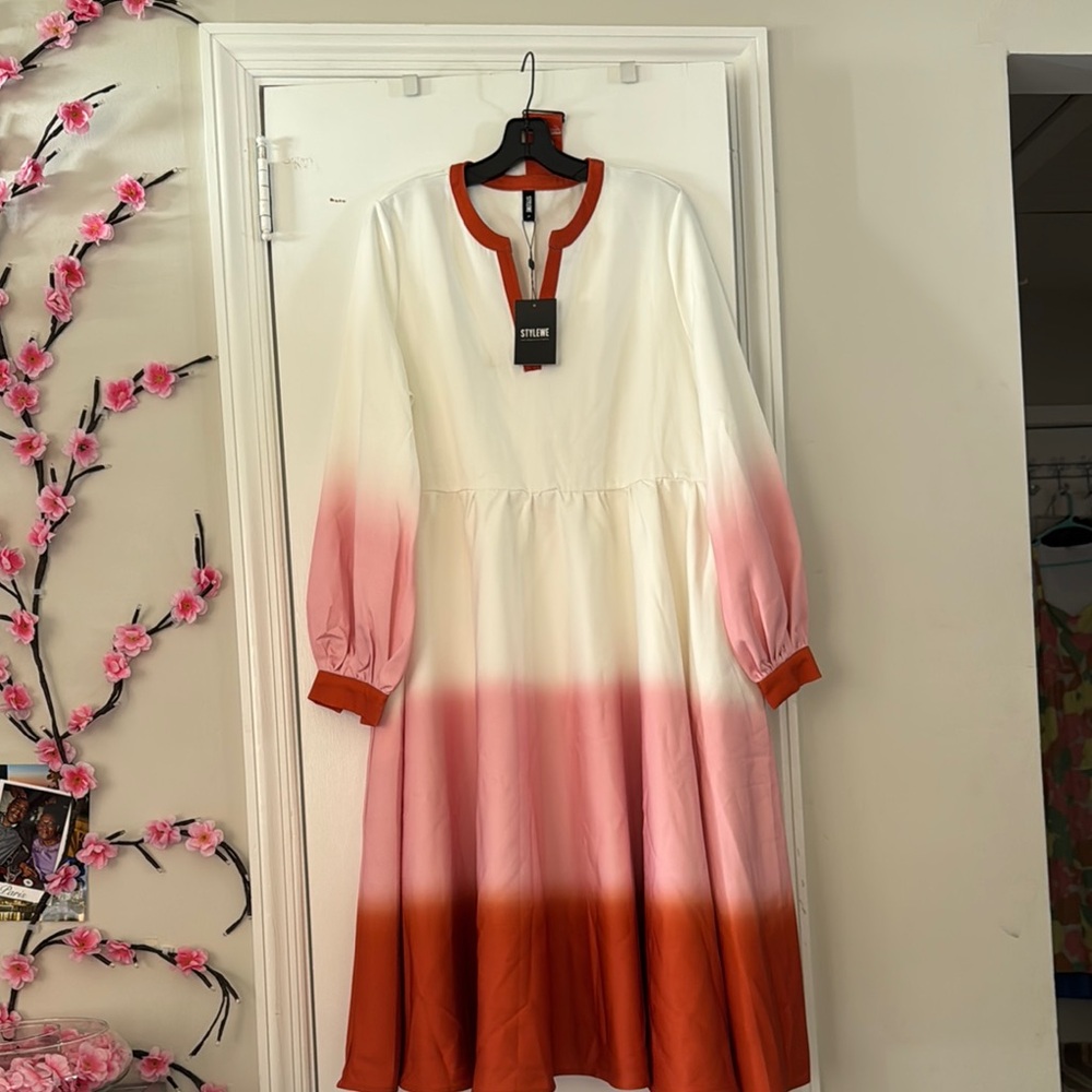 Stylish Women's Ombre Dress - Pink, Cream and Burned Orange with belt.